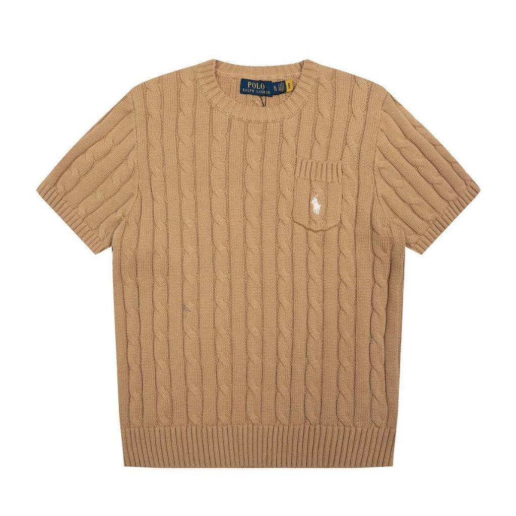 Unisex Rundhalsad Stickad Topp med Broderad Liten Häst och Ficka – Lös Passform, Högkvalitativ Parstil Kortärmad