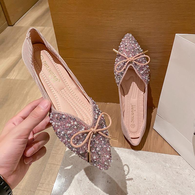 Single Shoes Women's Summer New Versatile Pointed Laden Shoes Flat Sequins Bridesmaid Shoes Fat Feet Large Size Women's Shoes