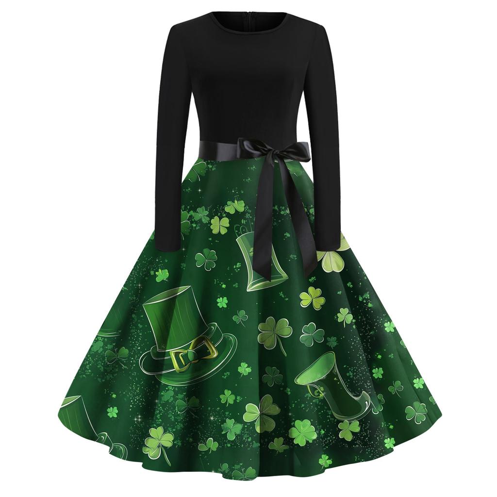 Women's Printed Round Neck Big Hem  Skirt Pleated Skirt Long Sleeved Dress Dress