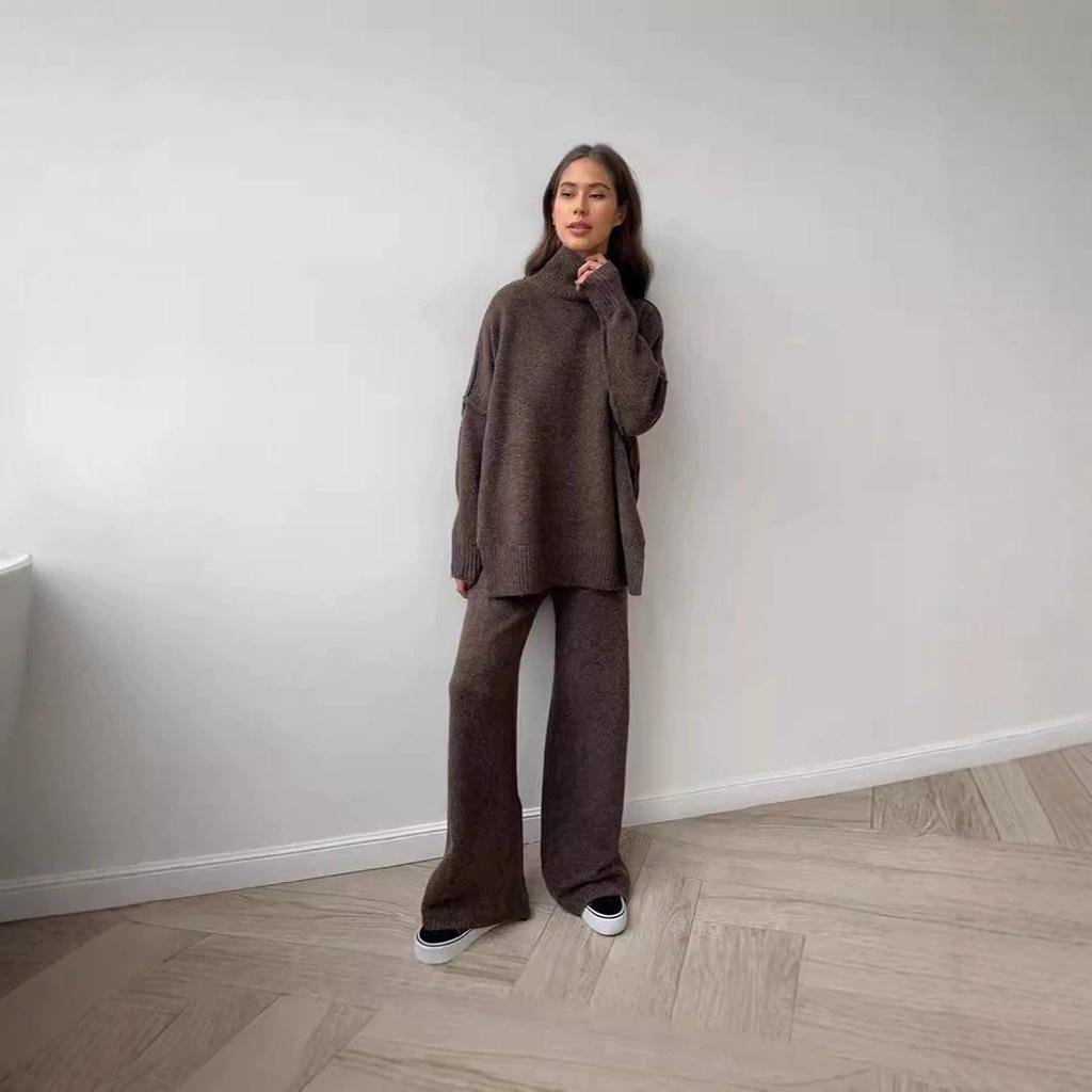 Women's High Collar Sweater & Wide Leg Pants Set - European and American Style, Autumn/Winter Casual and Cozy Knitwear.