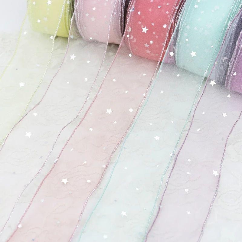 4.5mx5cm Silver Stars Silk Organza Ribbon Bow Material for Hair Print Flower Decoration Handmade DIY Lace Ribbons