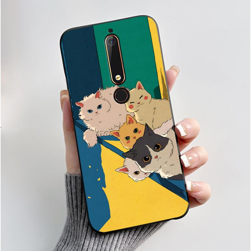 Custodia Per Nokia 6.1 6.1 Plus Custodia Antiurto Estetica Moda Cartone Animato Gatto Carino Nera Gomma Silicone Morbida Cover Bumper Alloggiamento