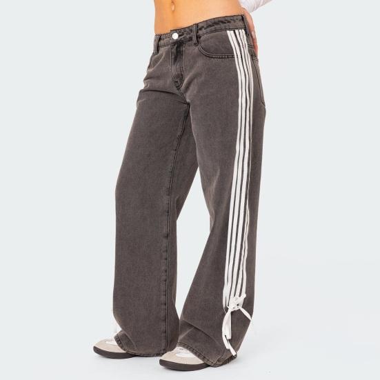 Women's Side Striped Bow Tie Jeans Boyfriend Low Rise Baggy Denim Pants Casual Straight