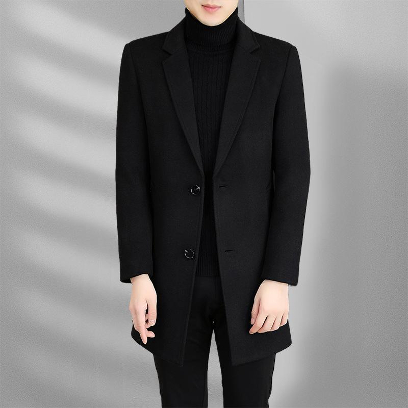 Autumn and Winter New Men's Woolen Coat Medium and Long Suit Collar Cotton Thickened Youth Woolen Coat Men's Coat