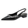 Pointed Rhinestone Flats Women's 2025 Spring New One-word Buckle Black Sandals Sexy Patent Leather Socialite Half-women Shoes