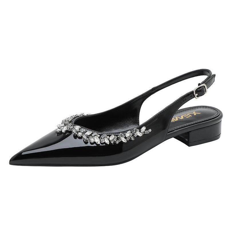 Pointed Rhinestone Flats Women's 2025 Spring New One-word Buckle Black Sandals Sexy Patent Leather Socialite Half-women Shoes