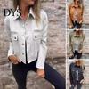 Women Jacket Autumn Spring Coat Flap Pocket Zipper Decor Turn-down Collar Long Sleeves Outerwear Single-breasted Buttons Cargo Style Daily Wear