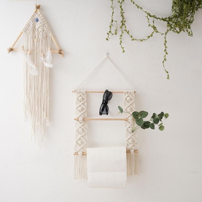 Hand Woven Tapestry Storage Holder Wood Cotton Rope Bowknot Hairpins Headband