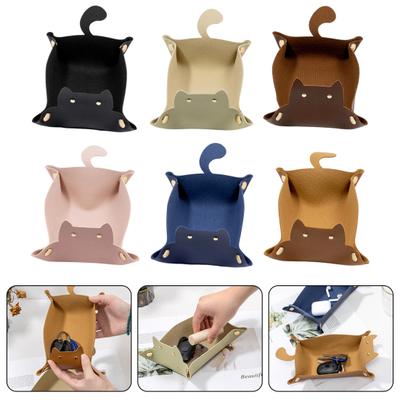 Cute Cat Faux Leather Tray Foldable Metal Snap Buckle Waterproof Large Capacity Desktop Coins Keys Tissue Earphone Storage Organizer Holder