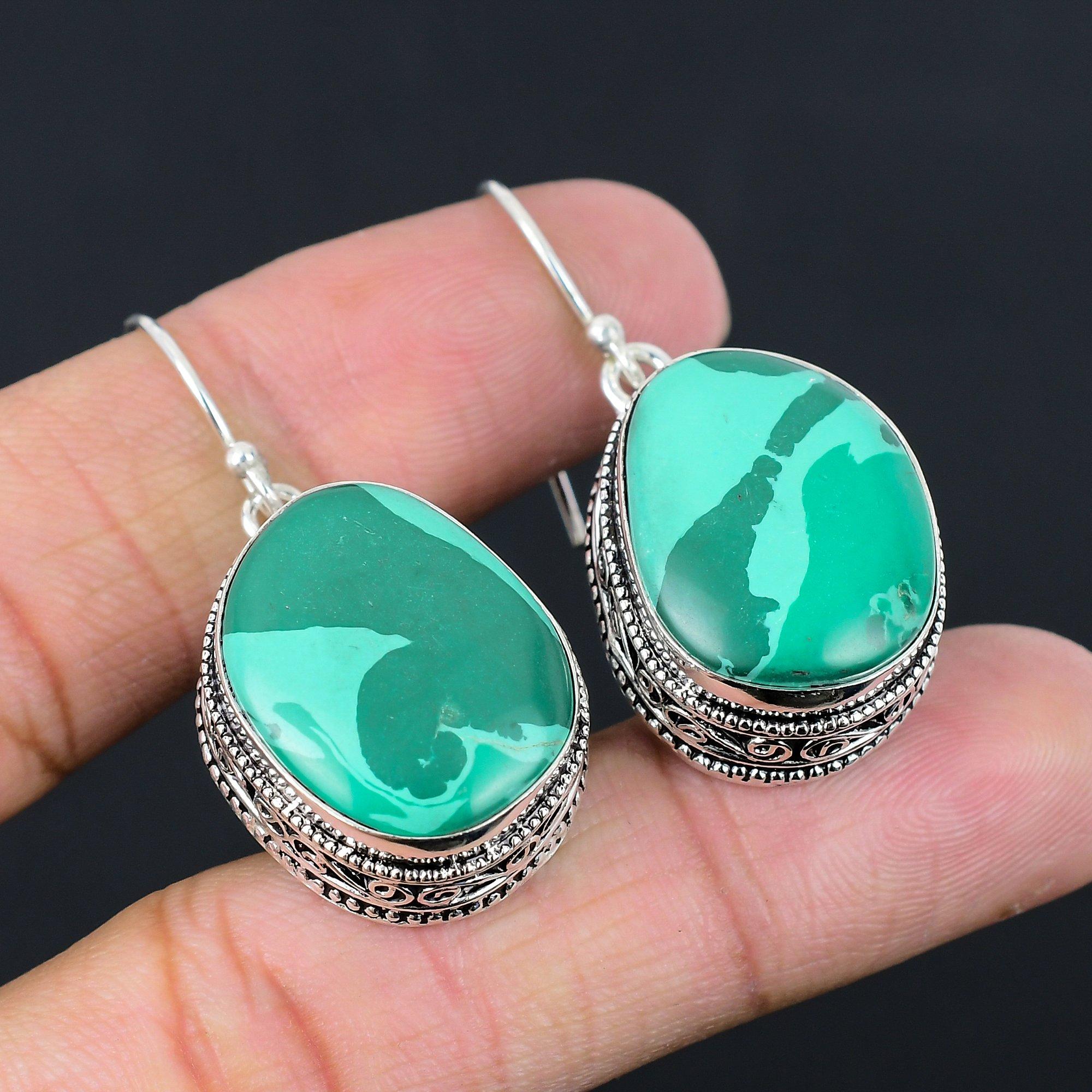 

Natural Malachite Gemstone Drop/Dangle Vintage Earrings 925 Silver For Women