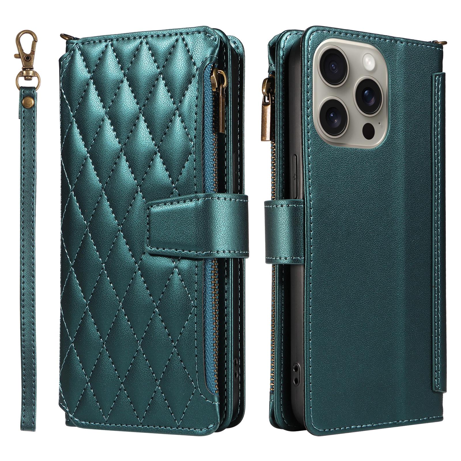 

For iPhone 14 Pro Leather Case with Card Holder,RFID Blocking Wallet Phone Cover Rhombus Pattern Dark Green