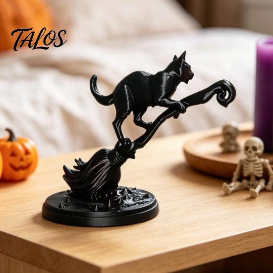 Black Cat Witch Decor on Broom Figurine, 3D Printed Broomstick Statue, Halloween Unique Desktop Ornament Tabletop for Tiered Tray, Desk, Table Statue