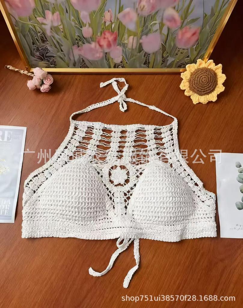 Summer new careful machine sexy backless seaside vacation neck knitted short outerwear top sling vest