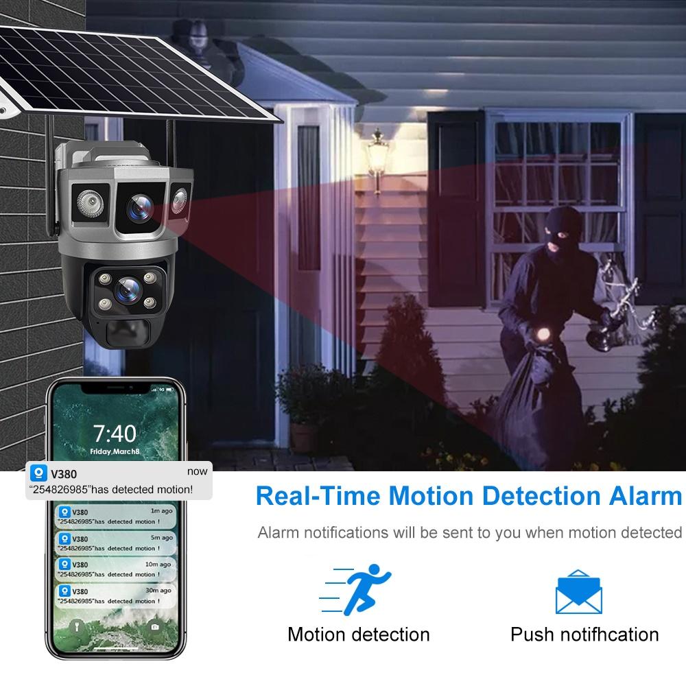 Solar-powered Surveillance Camera, HD 2-lens 3-screen Display, 10x Zoom, Automatic Human Detection Tracking, 4G/WIFI CCTV Recorder