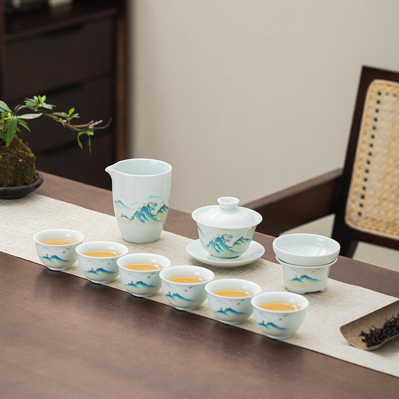 Suet Jade Qianli Jiangshan Tea Set Kung Fu Cover Bowl Teacup Combination Dehua White Porcelain Household Gift Tea Ware