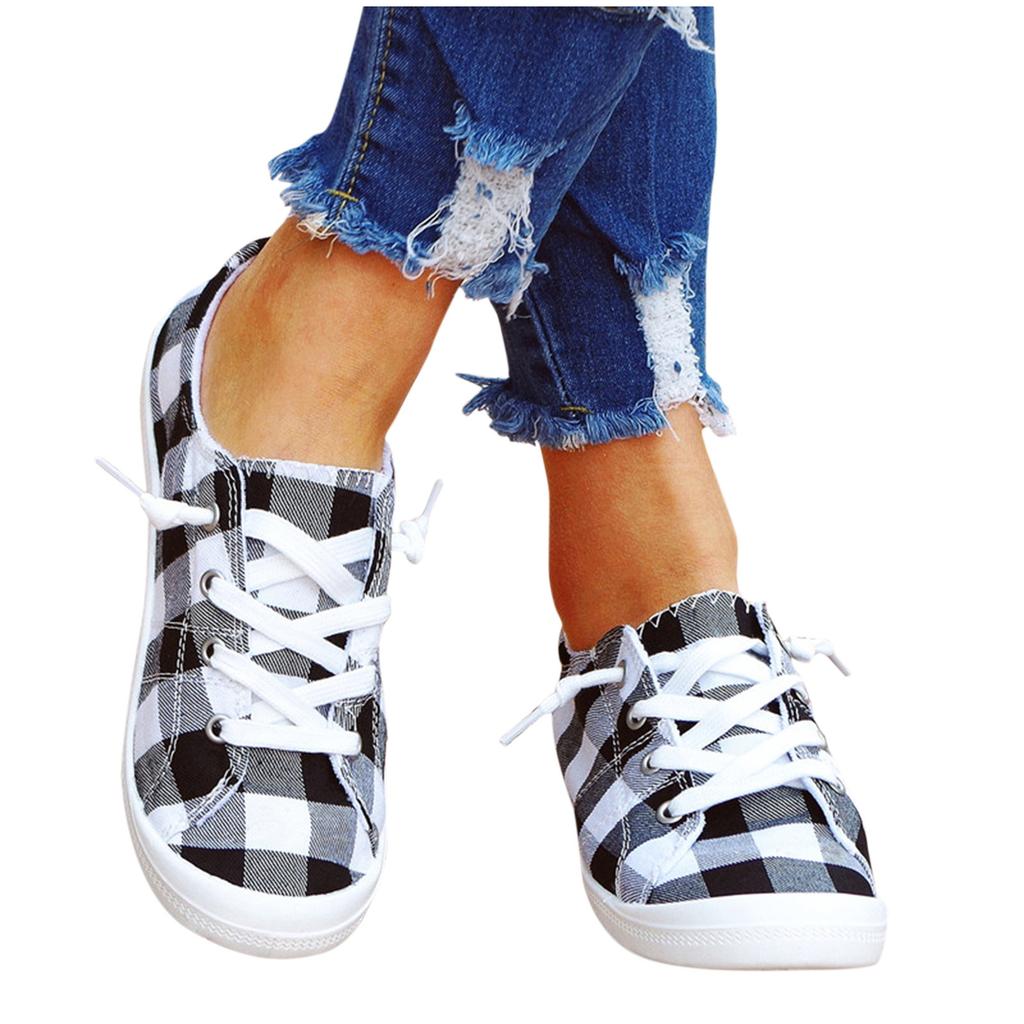 Damen Karierte Canvas Schuhe Schnürer Vulkanisiert Weiche Damen Herbst Slipper Sportlich Laufen Flache Schuhe Sneaker Zapatillas De Mujer