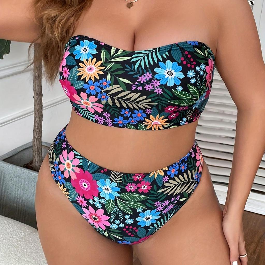 2024 Plus Size High Waist Bandeau Swimsuit - European & American Print