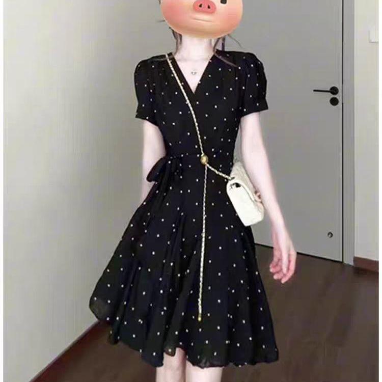 

Women s Elegant Black Polka Dot Lace-up V-neck Dress - Summer 2026 Waist-cinching Slimming Short Skirt S (recommended 80-90 jin)