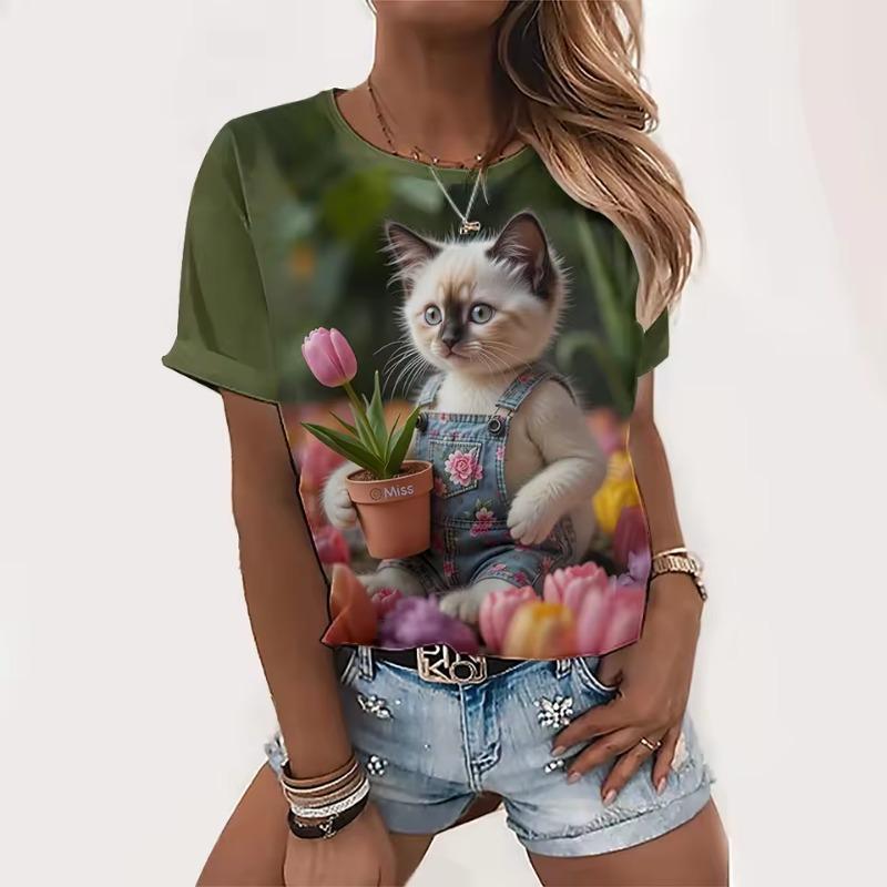 2025 New Fashion Women's T Shirt Lovely Cat 3d Printed T-shirt Women Tshirts Summer O-Neck Short Sleeve Tops Tees Casual Clothes