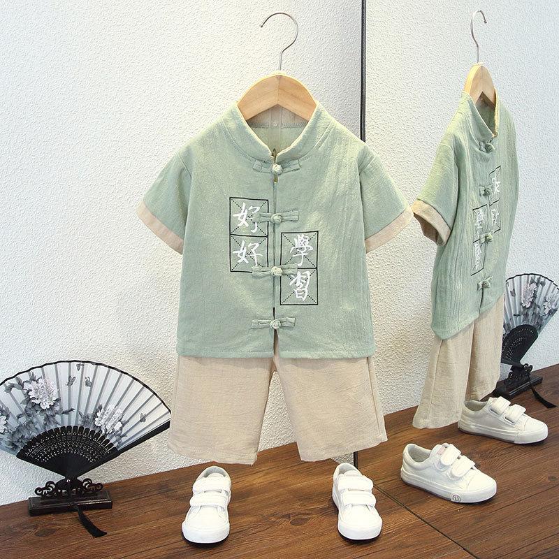 Completo Estivo da Ragazzo a Maniche Corte Stile Cinese per Bambini Hanbok Bello Completo Tang Cotone Lino Sezione Sottile di Abbigliamento Antico