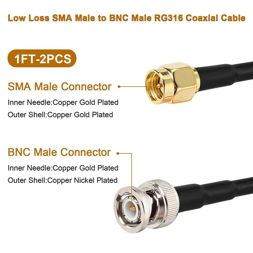 SMA Male to BNC Male Cable 1ft,2 Pack SMA to BNC Cable RG316 SMA BNC Adapter Cable for RF Applications/Antennas/Wireless LAN Devices/Wi-Fi Radios