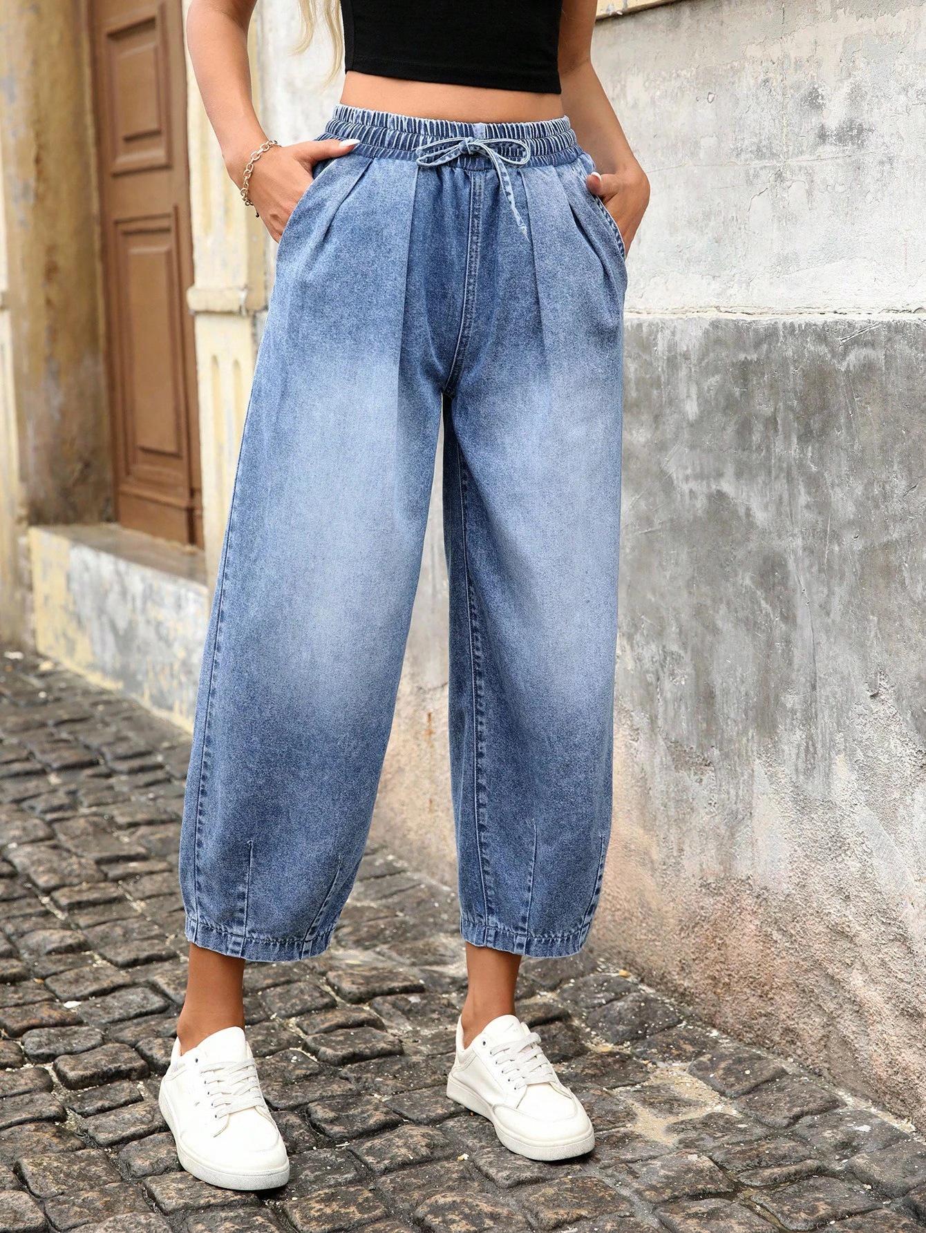 European High-Waisted Pleated Wide-Leg Cropped Women s Jeans Medium