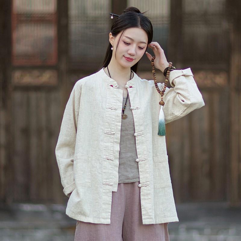 Johnature Women Vintage Shirts Stand Long Sleeve Tops Spring Chinese Style Solid Color Button Pockets Shirts