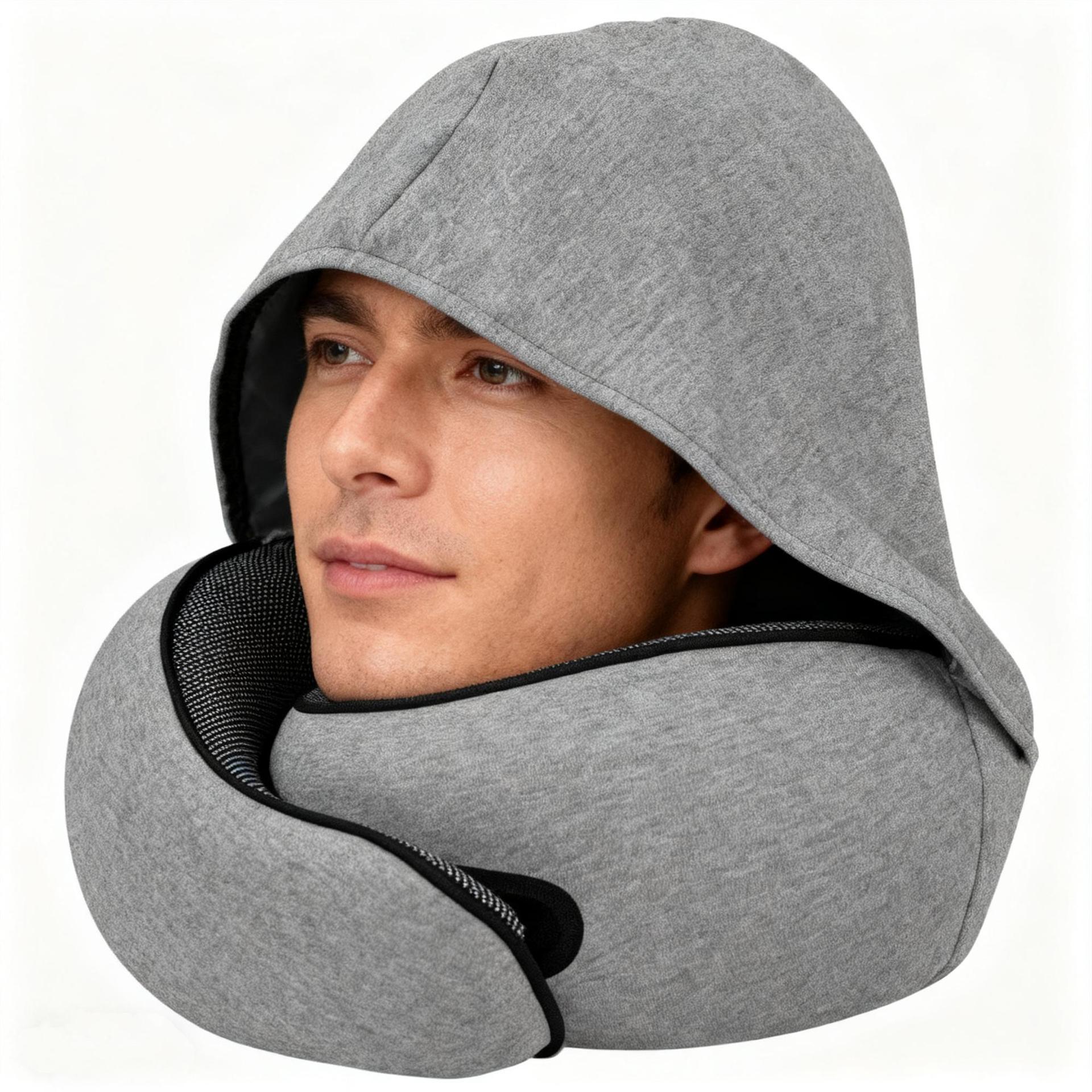 Hooded U-Shaped Pillow for Train and Office: Light-Blocking, Neck Protection U-shaped Pillow with Hood + Storage Bag светло-серый