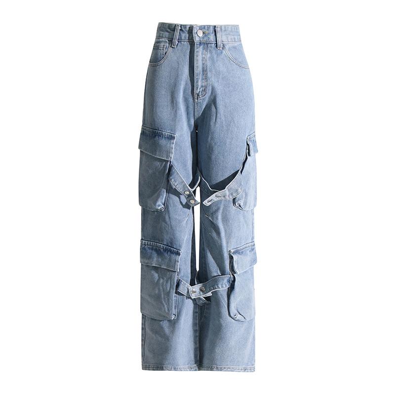 Women s 2026 Spring Straight-Leg Denim Jeans with Pocket Design Large синий