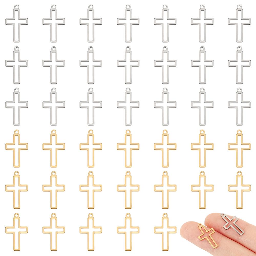 40Pcs 2 Colors 304 Stainless Steel Pendants Hollow Cross Charm Golden & Stainless Steel Color 18x10.5x0.9mm Hole: 1.2mm 20pcs/set