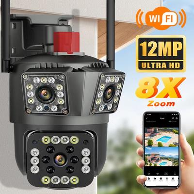 New EU Ultra HD 12MP PTZ WiFi 6K Triple Lens Screen Camera Security Protection Motion Detection Outdoor IP CCTV Surveillance