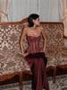 Wine Red Strapless Lace Slim Fit Long Dress - Stylish Streetwear for Hot Dates