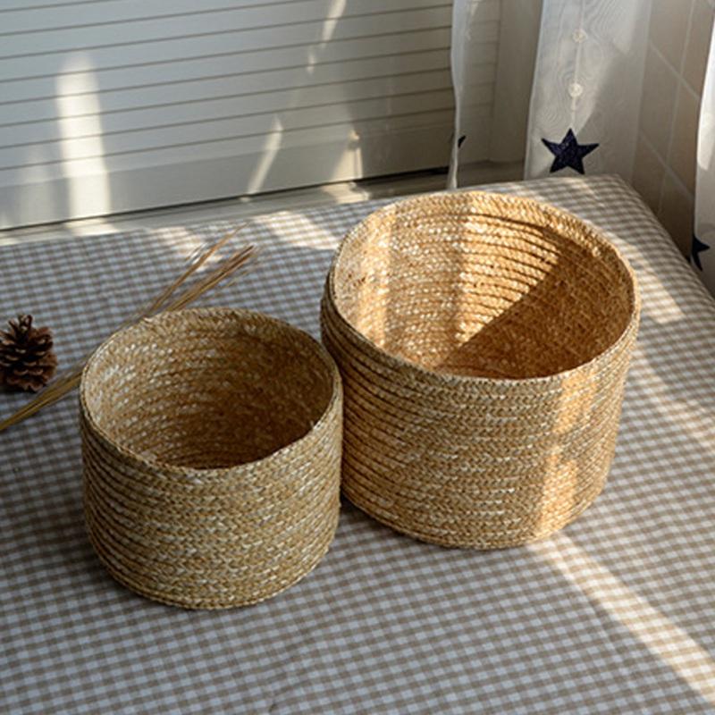 14/16/18/22cm Grass Hand-woven Storage Basket With Lid Weaving Snack Sundries Cosmetics Storage Box Household Storage