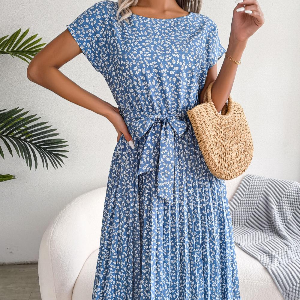 Abito donna primavera estate manica corta a vita alta chic moda floreale pieghettato abito lungo a linea