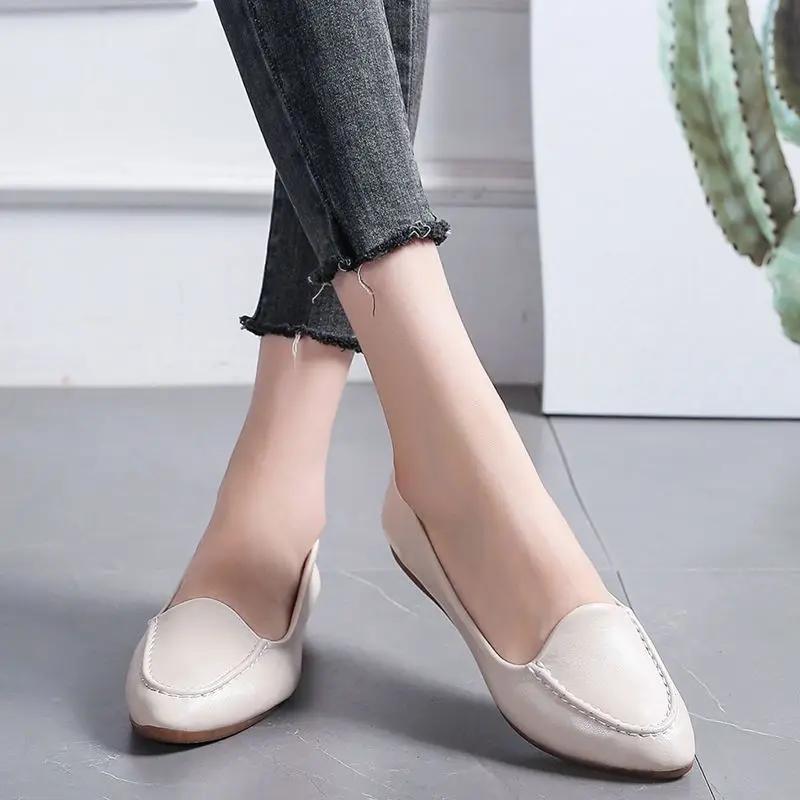 Fashion Leather Casual Pointed Toe Women's Flat Shoes Moccasins Ladies Footwear Vacation High Quality Fashion Slip On Chic Point 39 Non
