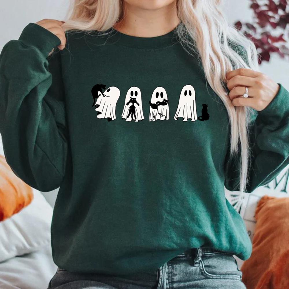 

Хэллоуин Толстовка с черным котом и привидением Хэллоуин Худи с привидением Толстовка с котом для жуткого сезона Унисекс Толстовка с круглым вырезом Худи S темно-зеленого