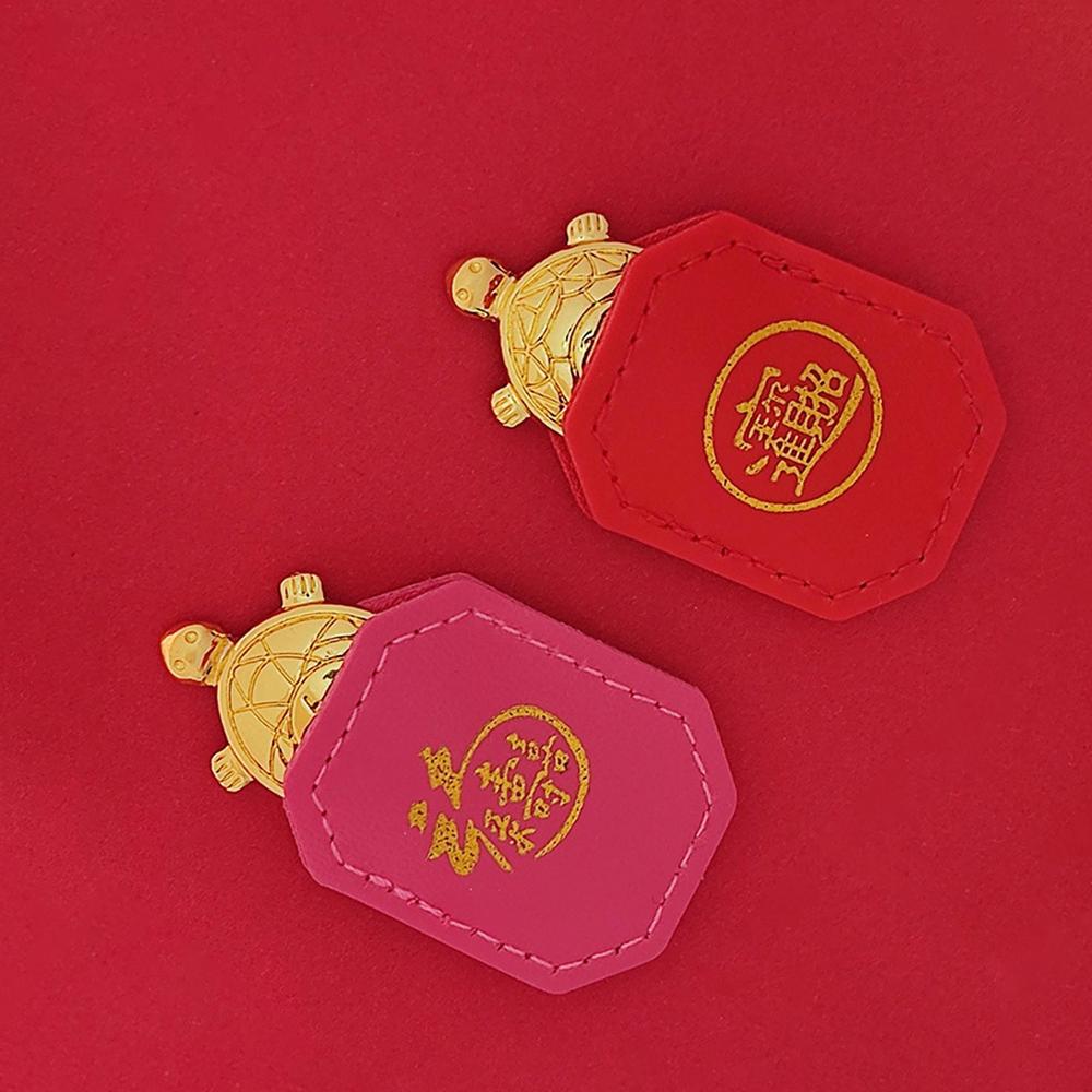 Money Turtle Golden Tortoise Feng Shui Guarding Praying Statue with Red Lucky Leather Case Metal Water Plate Living Wealth