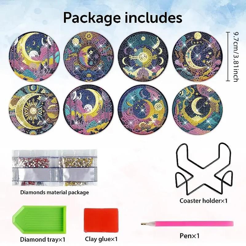 8 Pieces/set of Lunar Starry Sky Diamond Painted Coaster Set with Bracket DIY Coaster for Beginners and Adults, Gift of Art and Crafts Supplies