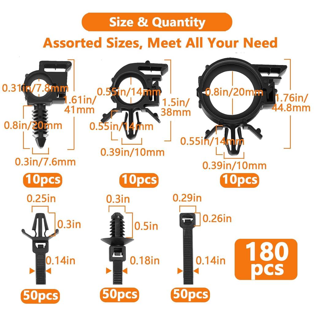 180Pcs Wire Loom Clips For Car Push Mount Zip Ties Assorted Sizes Automotive Fuel Line Cable Ties 6 Inch Wire Holder For Car Zip Ties Anchors Screw