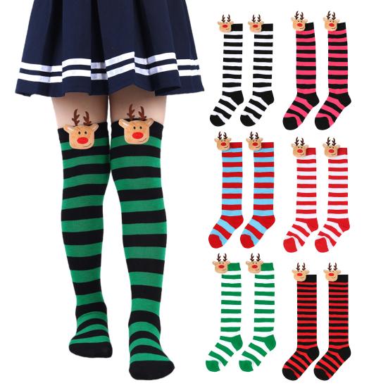 Kids' Christmas Socks Reindeer Plush Striped Knee-High Stockings Over Knee Socks Festive Holiday Wear for Boys Girls