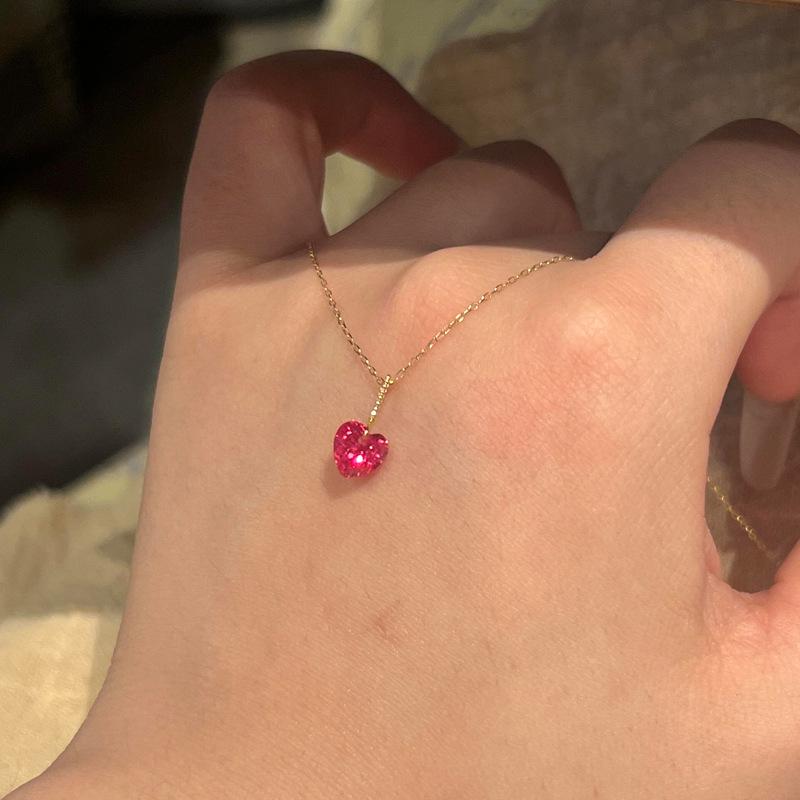 Red Corundum Cherry Red Ruby Silver Necklace with 18K Gold Plated S925 Sterling Silver Clavicle Chain