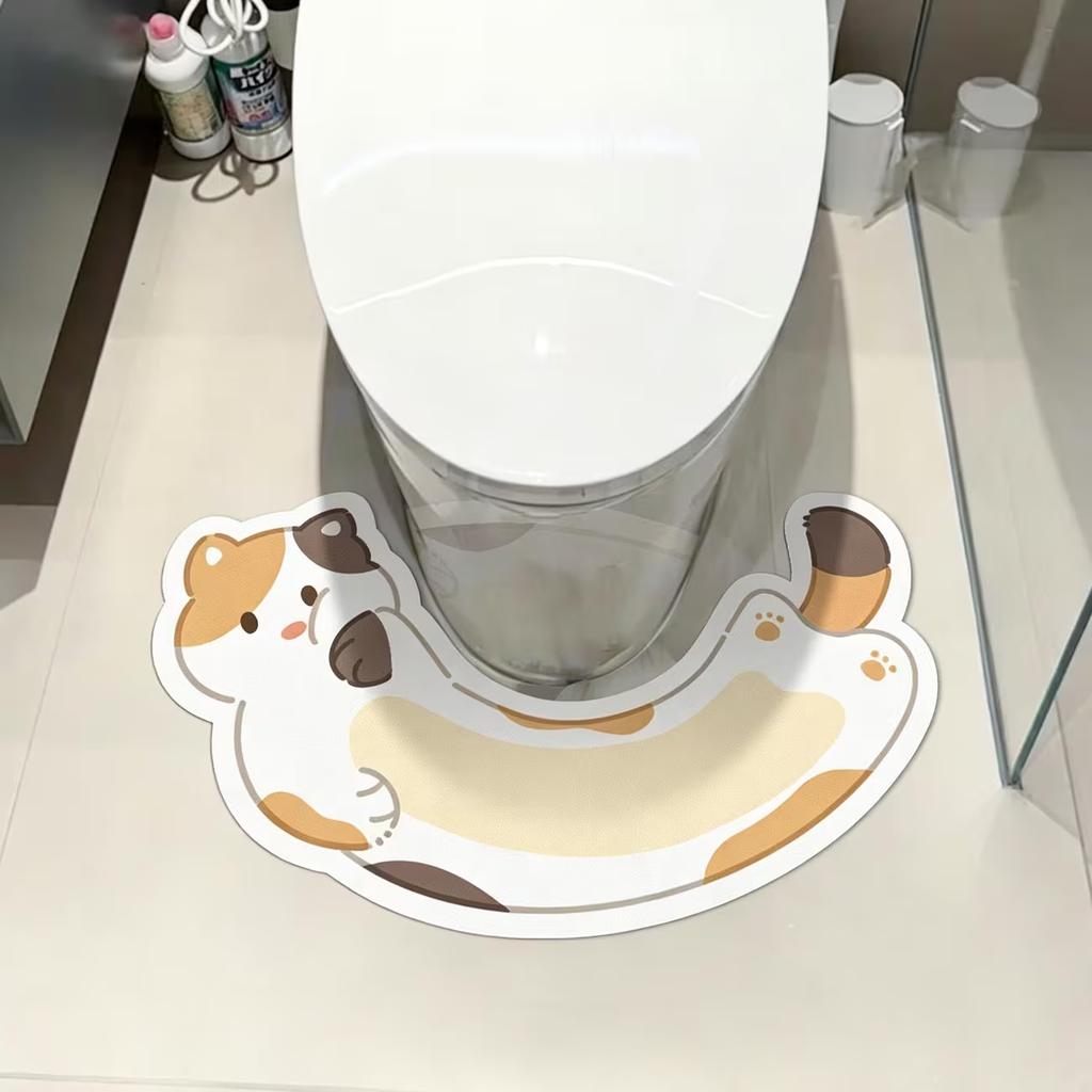 2D Flat Fun Cute Cartoon Cat U-Shaped Bathroom Floor Mat Toilet Anti-Slip Rug Diatom Mud Quick Dry Washable Water-Absorbing Floor Mat