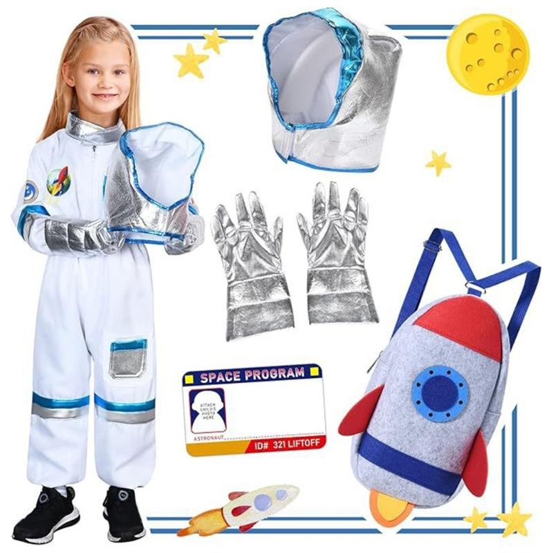 3Pcs Astronaut Costume Astronaut Suits Jumpsuit Gloves Cap Cosplay Halloween Costume Space Suits for Toddler,Kids