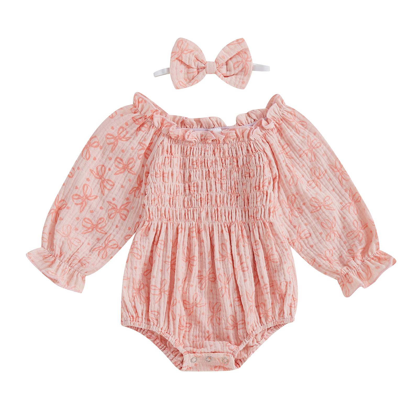 

Комбинезон для девочек с бантом, оборками, длинными рукавами-фонариками, присборенными юбками, повязками на голову 12-18 Months розовый