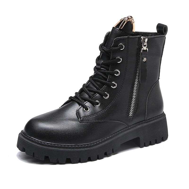 Martin-kängor med inre höjdökning dam 2025 nya mångsidiga korta stövlar svarta remmar koreansk version sidodragkedja rund tå medelhög klack enkel stövel