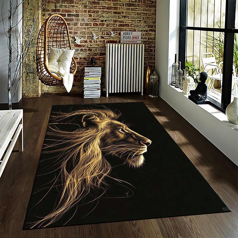 Lion Profile Glow Design Carpet, Black Background Modern Rug. Suitable for use as an anti-slip for living room bedroom sofas