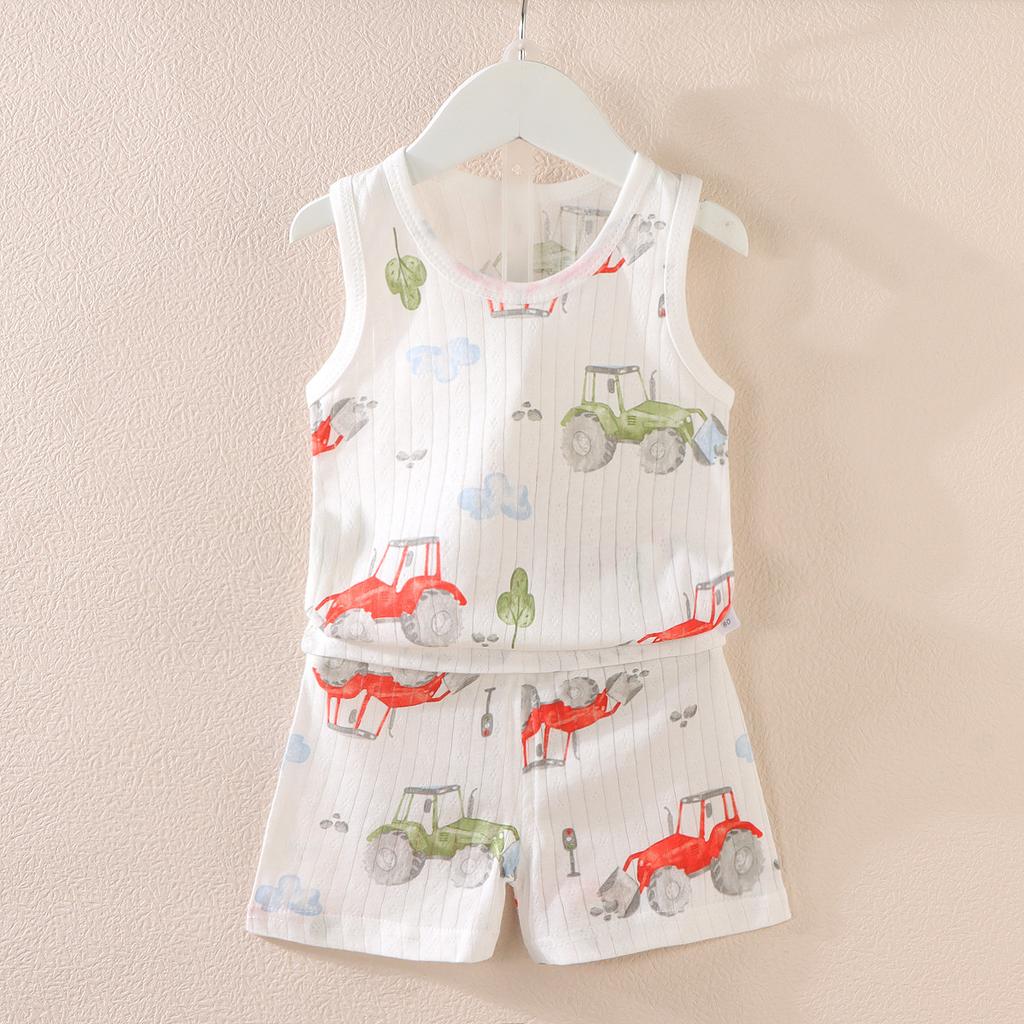 Koreańska wersja zestawu kamizelki dla dzieci Nowy chłopięcy i dziewczęcy dziecięcy kreskówkowy cienki zestaw bez rękawów kamizelki i szortów modny