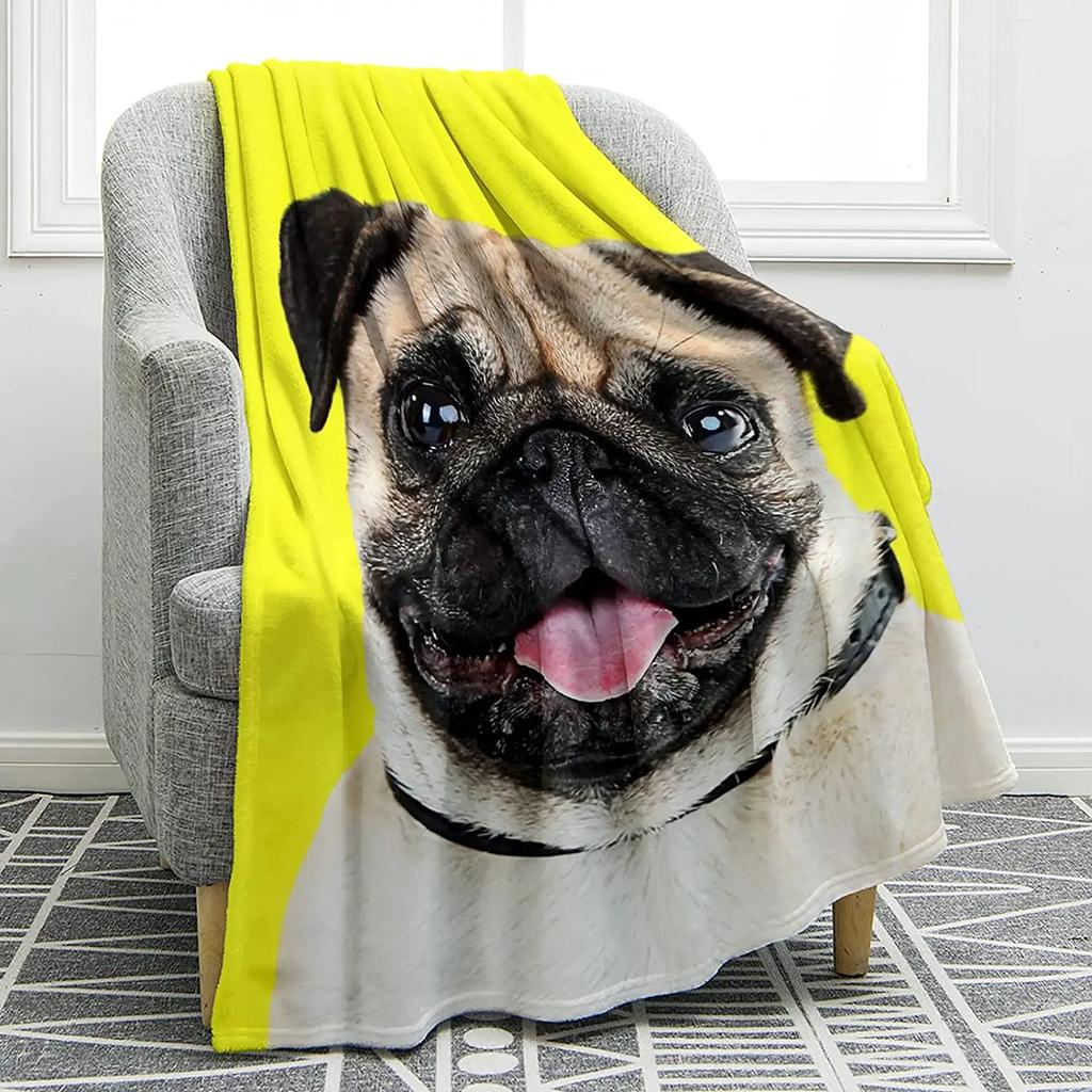 Cute Pet Pug Dog Print Blanket Soft Colorful Flannel Throw Blanket for Sofa Chair Bed Office Travelling Camping Lightweight
