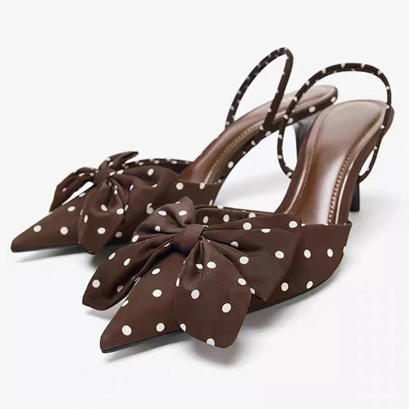 

Fashion Black Polka Dot Bow Decoration Brand High Heels for Women Fashion Pointed Toe Thin Heel Designer Shoes Elegant Party Dress Shoes 42 коричневый