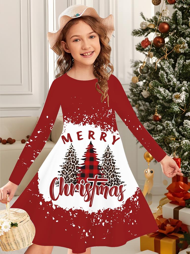 Mädchen Herbst- und Wintermodekleid, 3D Weihnachtsprint Rundhalsausschnitt Lang Kinder-T-Shirt-Kleid, Lässig Vielseitig, Weihnachtskleidung